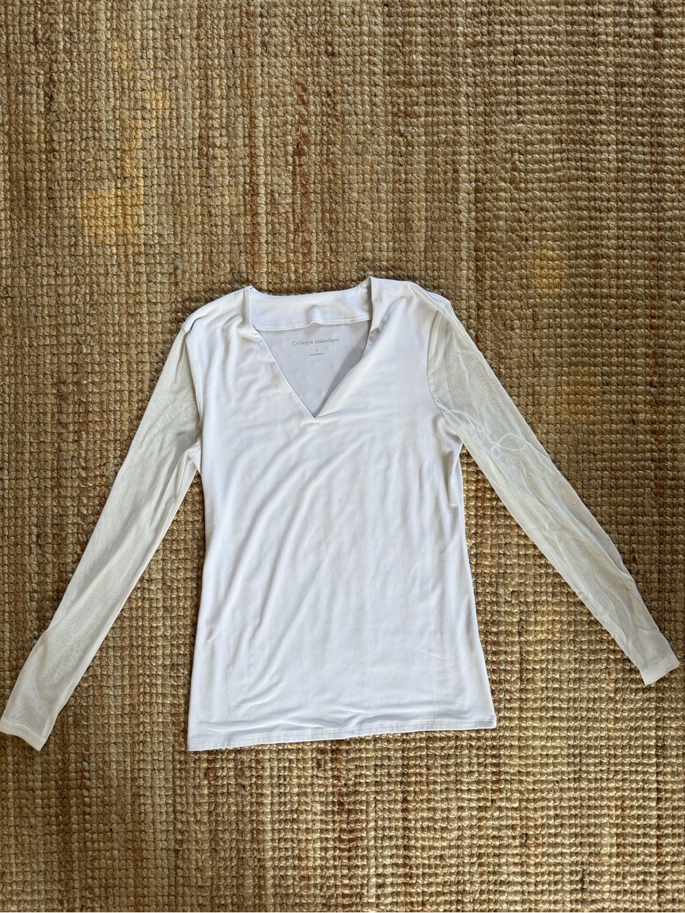 Catherine Malandrino White V-Neck Sheer Sleeve Top Small